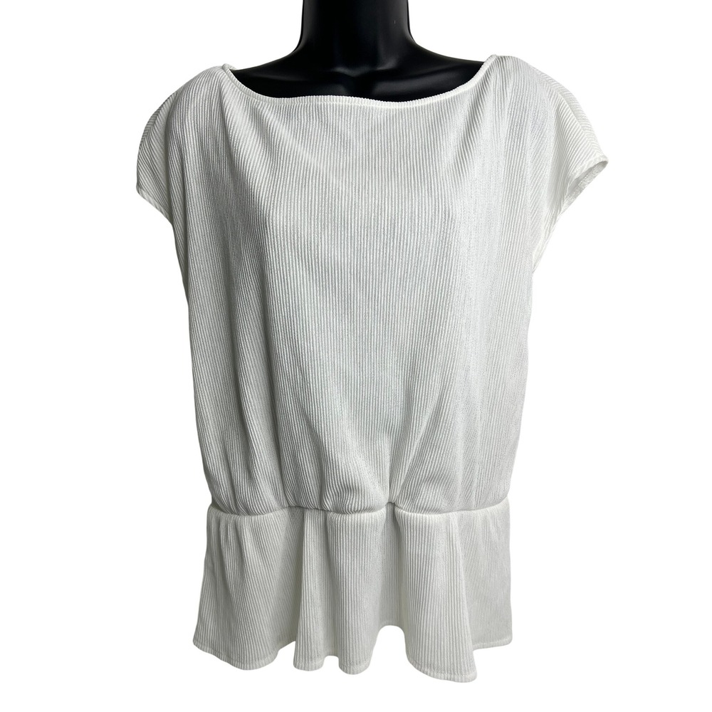 DKNY White Ribbed Peplum Top Short Sleeve Blouse‎ Size M